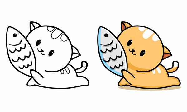 Cute cat with fish coloring page for kids