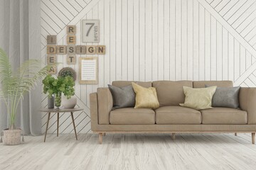 White living room with sofa. Scandinavian interior design. 3D illustration