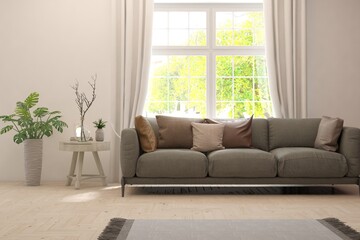 White living room with sofa and summer landscape in window. Scandinavian interior design. 3D illustration