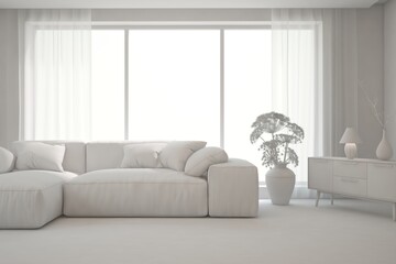 White minimalist living room with sofa. Scandinavian interior design. 3D illustration
