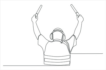 Single one line drawing back view of aviation marshaller. Ground Crew Signaling To Airplane at the airport. Airport activity concept. Continuous line draw design graphic vector illustration.