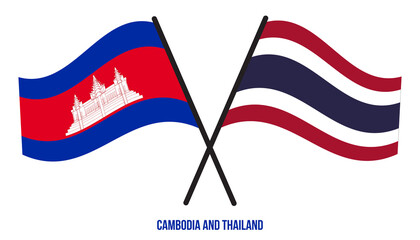 Cambodia and Thailand Flags Crossed And Waving Flat Style. Official Proportion. Correct Colors.