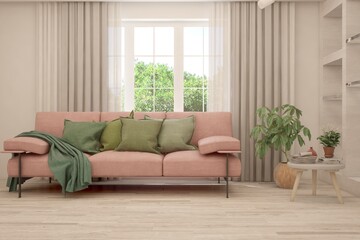 White living room with sofa and summer landscape in window. Scandinavian interior design. 3D illustration
