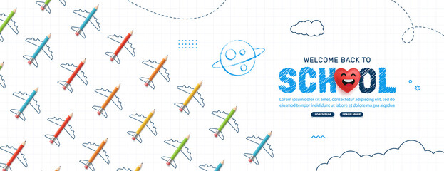 Back to School horizontal banner with colored pencil plane. Online courses, learning and tutorials Web page template. Online education concept