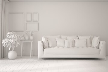 White minimalist living room with sofa. Scandinavian interior design. 3D illustration