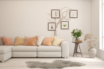 White living room with sofa. Scandinavian interior design. 3D illustration