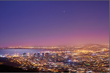 Obraz premium Copy space with twilight night sky over the view of a coastal city seen from Signal Hill in Cape Town South Africa. Scenic panoramic landscape of lights illuminating an urban skyline along the sea