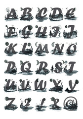 Watercolor English alphabet set, letters on black background of nature, forest, mountains, lake, sky. Poster, print for printing on dishes, on clothing, suitable for greeting cards, wedding invitation