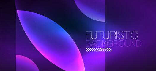 Shiny neon geometric abstract background. Glowing lights on round shapes, triangles and circles. Wallpaper for concept of AI technology, blockchain, communication, 5G, science, business