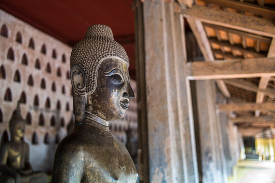 Bronze Buddha statues at Haw Phra Kaew. It's a former temple in Vientiane, Lao. The interior now houses of museum and a small shop 