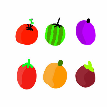 set of kid drawing fruit with cartoon and funny style vector