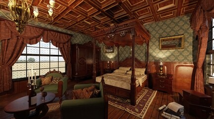 Victorian Bedroom interior 3d illustration