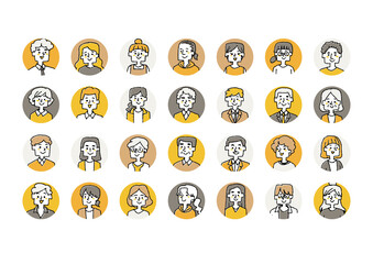様々な人種、年齢の顔アイコンセット　コミカルな手書きの人物　ベクター、温かみのある線画