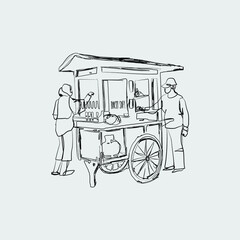 Vector illustration of a street food cart, meatballs, soup, satay, drinks