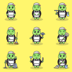 Vector illustration of cute Turtle with maid uniform. Animal character design. Turtle with cleaning equipment. Set of cute Turtle characters.