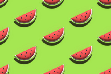 Neon green 3D rendering seamless pattern background with watermelon slices for food, nature, summer vacation design.
