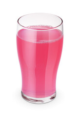 Glass of pink soft drink isolated white.