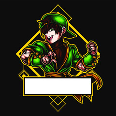 logo esport Boy smile expression with spirit punch. logo vector character Children for gaming. theme green color costume character.