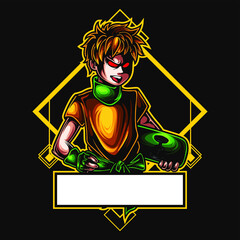 logo esport boy smile expression with jacket and skateboard. logo vector character boy for gaming. theme green yellow jacket color costume character.