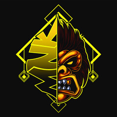 logo esport monkey angry expression with half face. logo vector character Monkey for gaming. theme brown yellow color costume character.