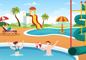 Water Park with Swimming Pool, Amusement, Slide, Palm Trees and the People are Swim for Recreation and Outdoor Playground in Flat Cartoon Illustration