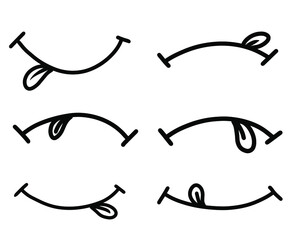 Hand drawn black and white smile emotions with a tongue scribble doodle collection set isolated on white background.