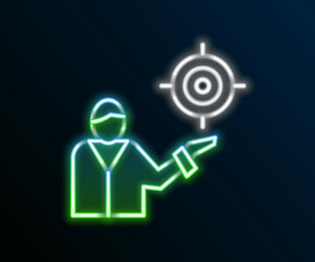 Glowing neon line Marketing target strategy concept icon isolated on black background. Aim with people sign. Colorful outline concept. Vector