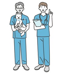 動物病院で働く獣医やスタッフのベクターイラスト素材／犬や猫／ペット／トリミング／病院
