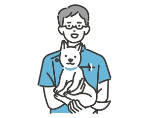 犬を抱っこする動物病院で働く獣医やスタッフのベクターイラスト素材／犬や猫／ペット／トリミング／病院