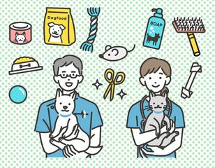 ドックフードやおもちゃなどのアイコンと動物病院で働く獣医やスタッフのベクターイラスト素材／犬や猫／ペット／トリミング／病院