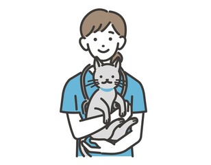 猫を抱っこする動物病院で働く獣医やスタッフのベクターイラスト素材／犬や猫／ペット／トリミング／病院
