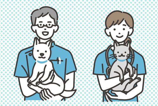 犬や猫を抱っこする動物病院で働く獣医やスタッフのベクターイラスト素材／犬や猫／ペット／トリミング／病院