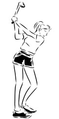 ゴルフをする女性　線画