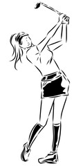 ゴルフをする女性　線画