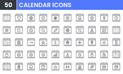 Calendar vector line icon set. Contains linear outline icons like Agenda, Schedule, Birthday, Appointment, Event, Deadline, Date, Reminder, Plan, Time, Season, Day, Holiday. Editable use and stroke.