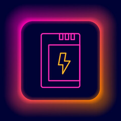 Fototapeta premium Glowing neon line Battery for camera icon isolated on black background. Lightning bolt symbol. Colorful outline concept. Vector