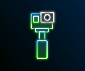 Glowing neon line Action extreme camera icon isolated on black background. Video camera equipment for filming extreme sports. Colorful outline concept. Vector