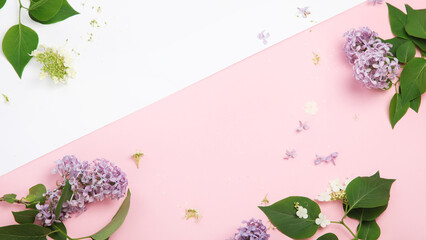 White and pink background with lilac flowers. © bit24