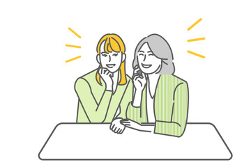 スーツをきた新婚や婚約中をイメージさせる女性同士のカップルの線画のベクターイラスト