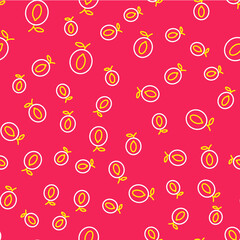 Line Plum fruit icon isolated seamless pattern on red background. Vector