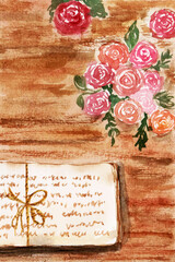 vintage background with roses and letter watercolor painting backgroud