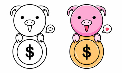 Cute pig holding coin coloring page for kids