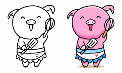 Cute chef pig coloring page for kids