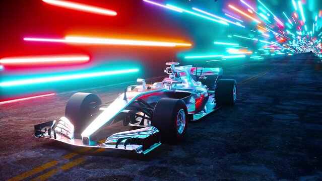 3D Car Model f1 Car Driving at on a Wet Road on High Speed, Racing Through the Colorful Tunnel With Lights Reflecting Everywhere Dark f1 bolid Driving Fast on Highway VFX Animation