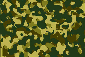 Camouflage seamless pattern background. Horizontal seamless banner. Classic clothing style masking camo repeat print. Green brown black olive colors forest texture. Design element. Vector