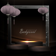 Dark design with a square frame, lanterns on pendants in the style of paper art