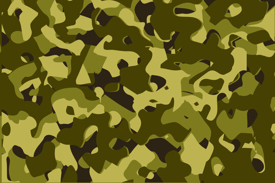 Camouflage seamless pattern background. Horizontal seamless banner. Classic clothing style masking camo repeat print. Green brown black olive colors forest texture. Design element. Vector