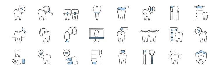 Dentistry and stomatology doodle icons set. Vector linear signs, dental care and medicine Teeth, braces, paste and toothbrush, desktop with tooth, stomatological tools, caries treatment, oral health