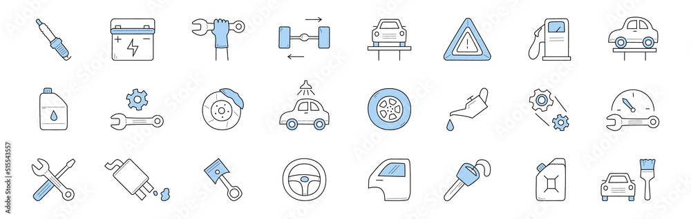 Wall mural Car service doodle icons, vector signs pipette, accumulator, hand with wrench and wheels. Auto on elevator, warning sign, fuel station, lubricator with oil and gears. Speedometer, steering wheel, key