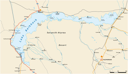 Vector map of lake Balkhash in eastern Kazakhstan